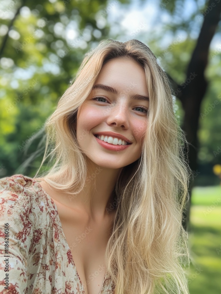 Smiling blonde female model capturing selfie in lush green park, cheerful expression, trendy outfit, soft natural light, blurred background ambiance. Smiling blonde female model capturing selfie in lush green park, cheerful expression, trendy outfit, soft natural light, blurred background ambiance.