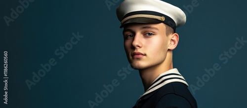 Young male naval cadet in classic sailor uniform portrait against dark teal background, side profile with large clear space for text. photo