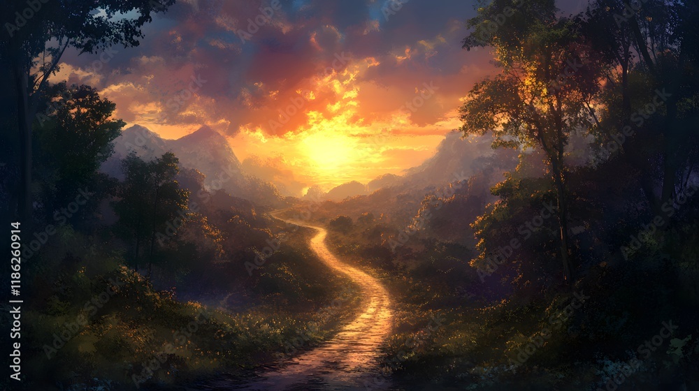 Fototapeta premium Serene Sunset Pathway Through Lush Mountain Forest