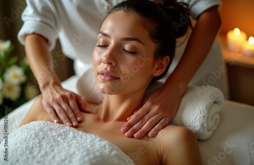 Young woman relaxes in spa. Masseuse gives shoulder massage. Peaceful atmosphere with soft lighting. Woman enjoys treatment in luxury salon. Healthy lifestyle, wellness concept. Care, relaxation. Spa photo