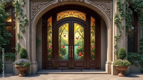 Intricate Art Nouveau Doorway with Vine and Floral Carvings