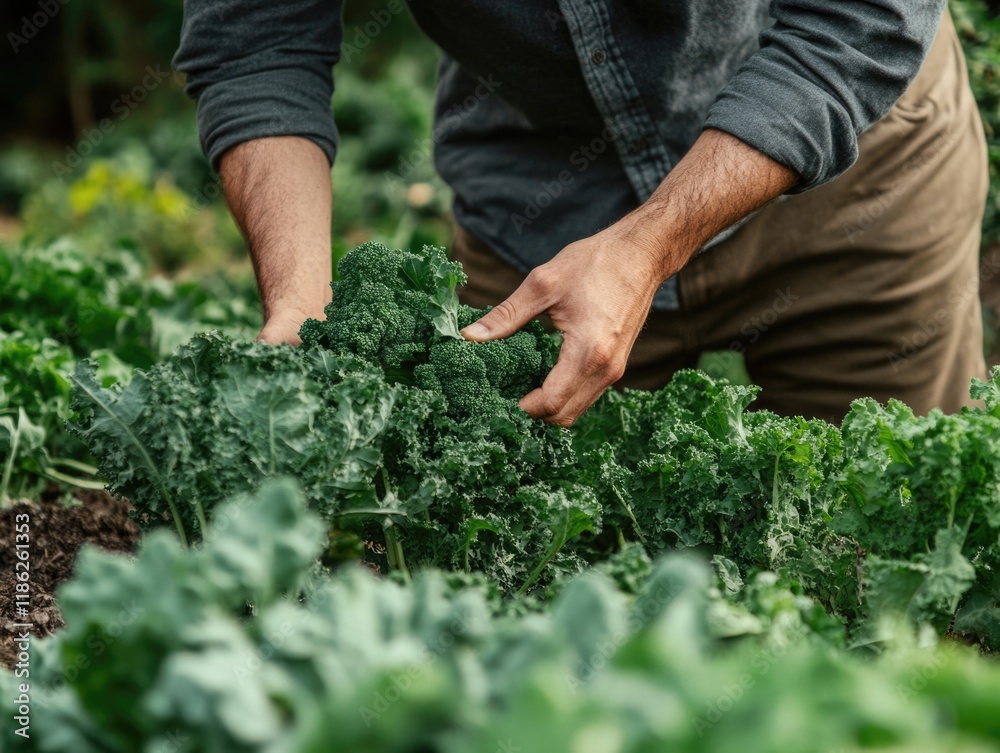 Senior man in formal attire harvesting vibrant green kale in an organic garden, showcasing lush foliage and abundant vegetables, top view with ample negative space for text.