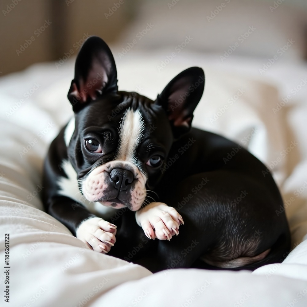 Black and white black French Bulldog curled up in a ball on a soft bed, rest, cozy