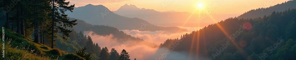 Fototapeta premium Misty morning on the Tatra Mountains, with sunlight peeking through trees, mist, sunrise, forest