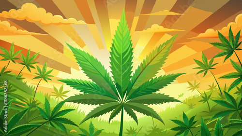 Fresh cannabis leaves shine in warm sunlight, surrounded by a lush green backdrop during the afternoon