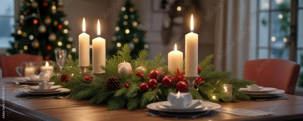 A beautifully decorated Christmas Eve table setting with candles, ornaments, and a vase of evergreen branches, festive centerpiece, winter floral arrangement, sparkling ornaments A beautifully decorated Christmas Eve table setting with candles, ornaments, and a vase of evergreen branches, festive centerpiece, winter floral arrangement, sparkling ornaments