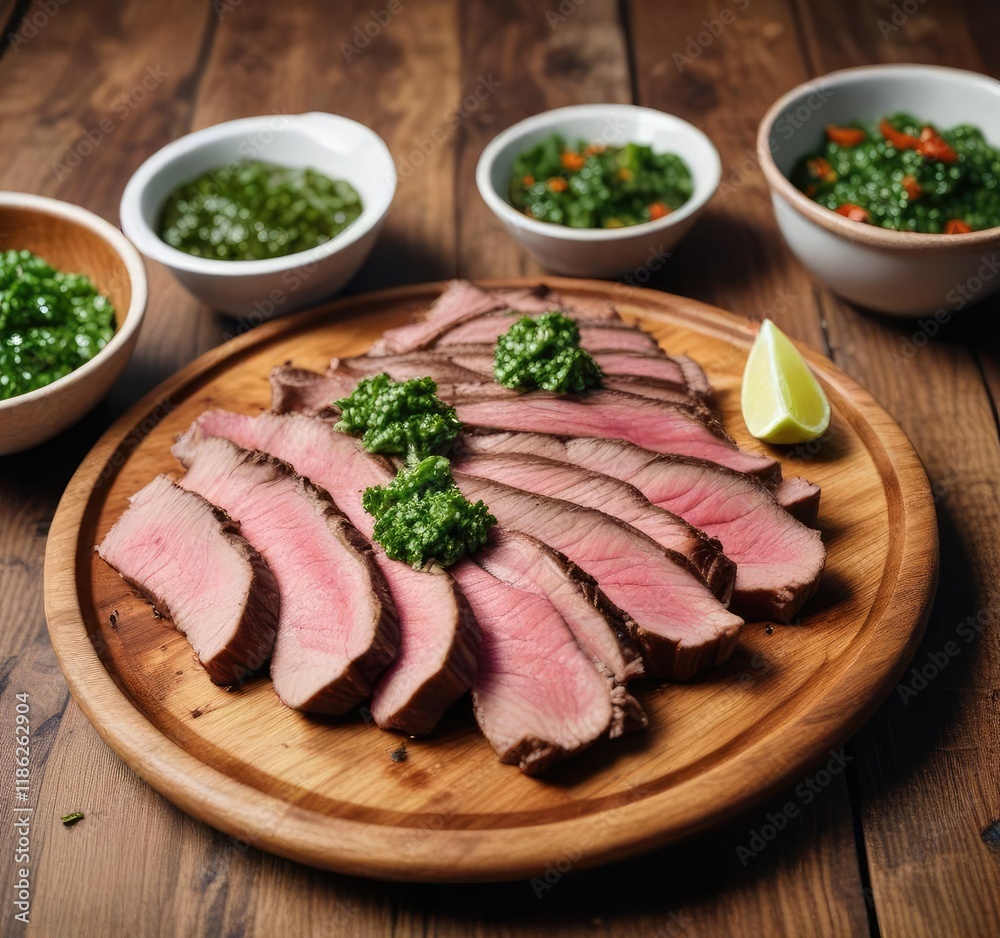 A beautifully arranged plate of sliced beef steak on a wooden table with a small bowl of tangy chimichurri sauce , condiment, food A beautifully arranged plate of sliced beef steak on a wooden table with a small bowl of tangy chimichurri sauce , condiment, food