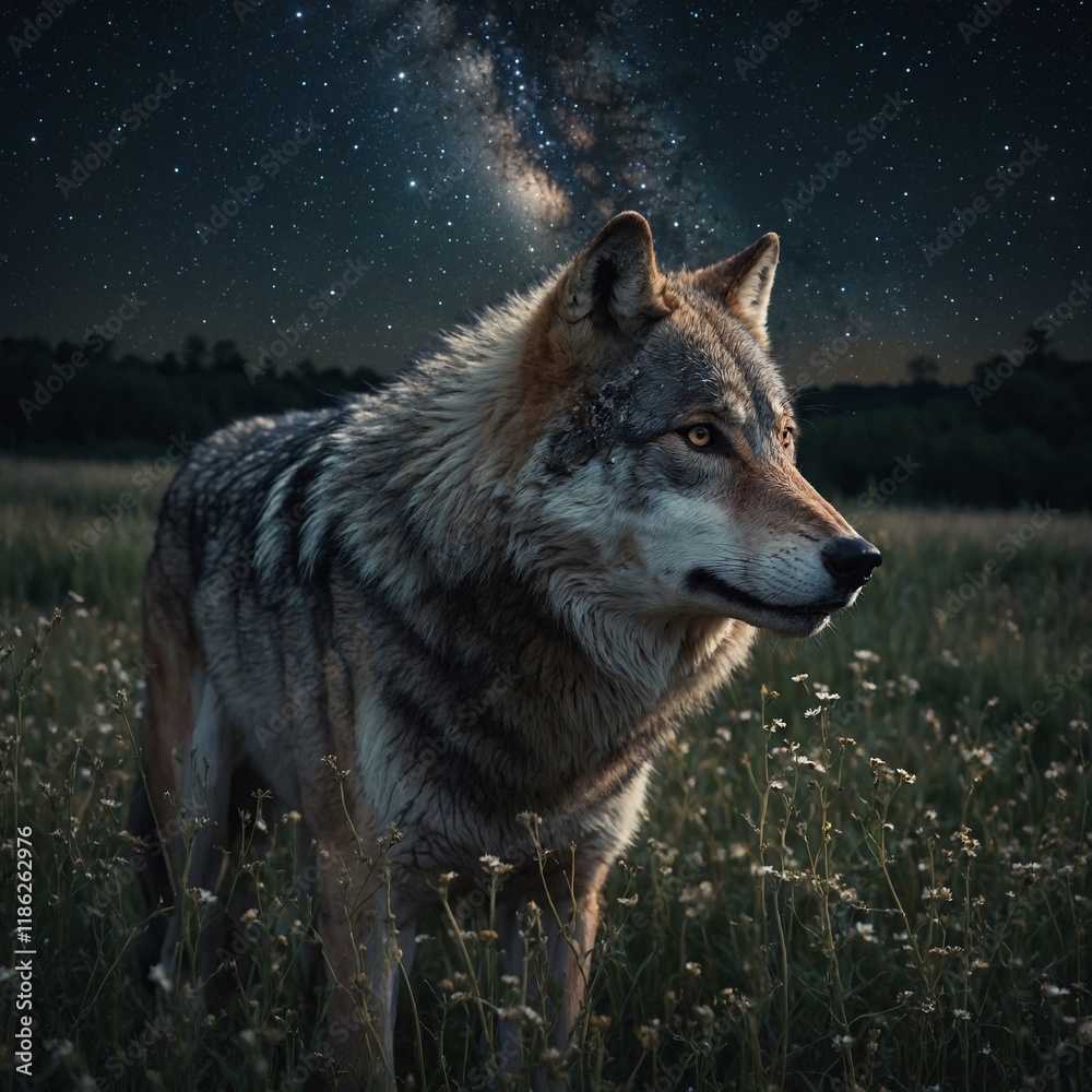 Obraz premium A wolf is a large, carnivorous mammal belonging to the family Canidae and scientifically known as Canis lupus. Wolves are apex predators and are known for their strength, intelligence,.
