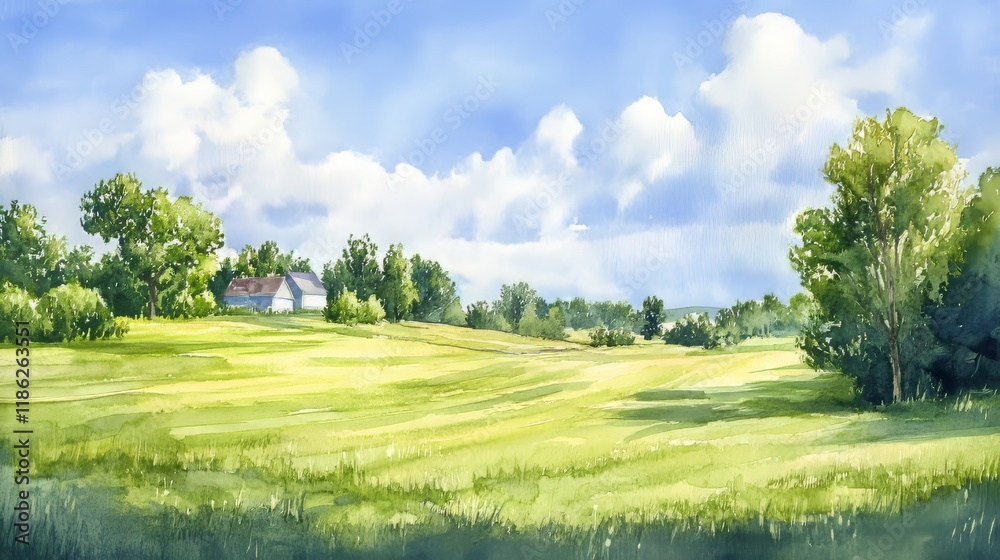 Obraz premium Scenic watercolor lawn with bright colors, calm weather, and serene rural beauty