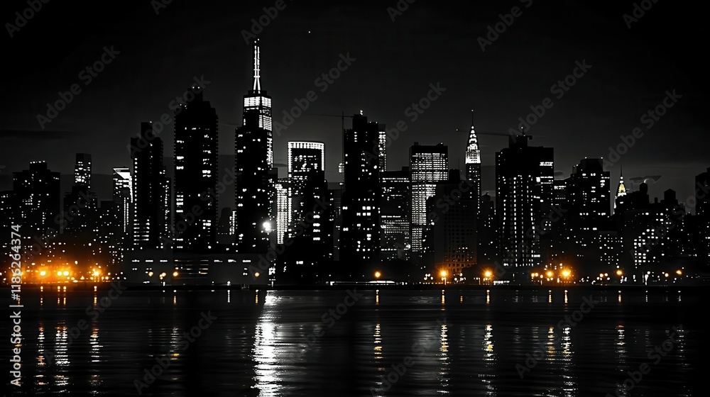 Fototapeta premium A monochrome city skyline at night with illuminated buildings and reflections on the water.