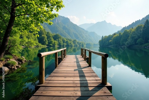 Wooden footbridge crossing over calm lake with lush surroundings, wooden, serenity photo