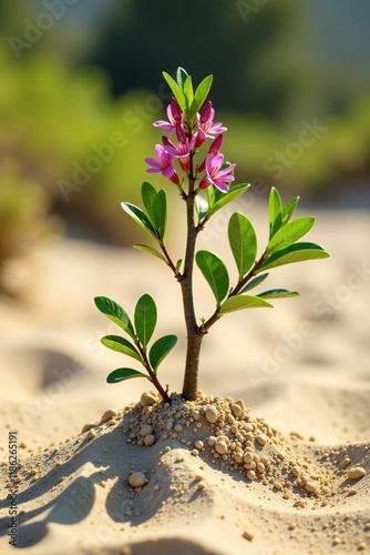 Ceratodon purpureus in a sandy environment with mini growing tree, nature, sand photo