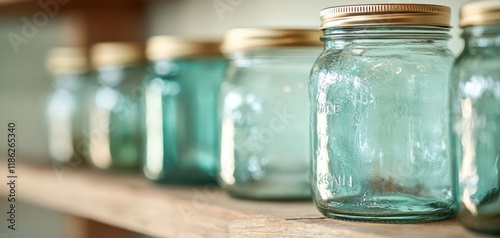 A row of vintage glass jars with golden lids on a wooden shelf, showcasing a rustic and charming aesthetic.