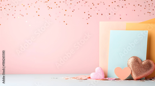 Delicate pastel-colored composition featuring glitter hearts and confetti, perfect for Valentine's Day cards or romantic event invitations. Selective focus