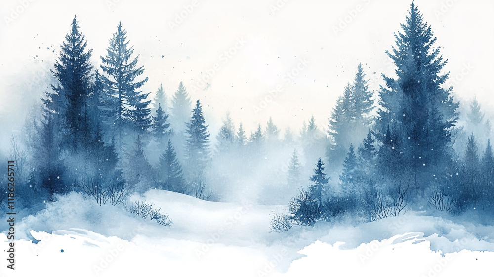 Fototapeta premium Serene winter landscape with snow-covered trees in muted blue hues at dawn
