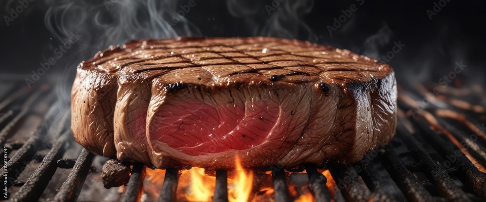 Obraz premium A juicy steak on the grill with gentle smoke signals, savory aroma, caramelized crust