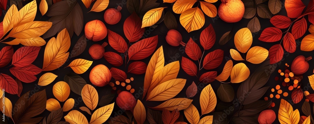 Nature-inspired seamless pattern of autumn leaves in warm orange, red, and gold hues for seasonal designs Nature-inspired seamless pattern of autumn leaves in warm orange, red, and gold hues for seasonal designs