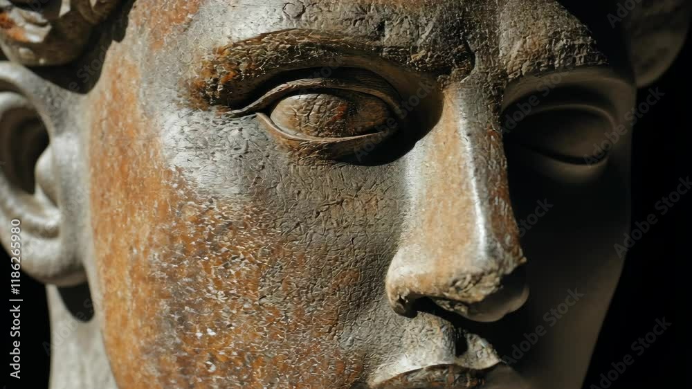 Close-up view of an ancient bronze sculpture highlighting intricate details of the facial features and craftsmanship Close-up view of an ancient bronze sculpture highlighting intricate details of the facial features and craftsmanship