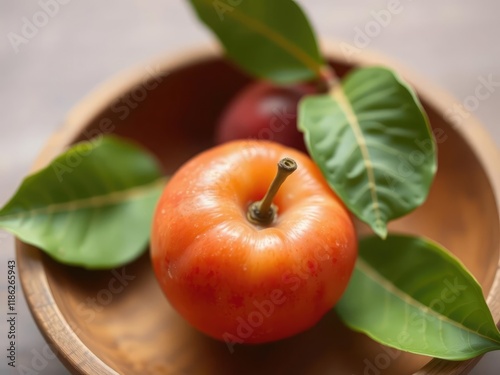 A juicy pluot fruit sits alone in a wooden bowl, its vibrant orange color and slight sheen inviting the viewer's attention, kitchen decor, food photo