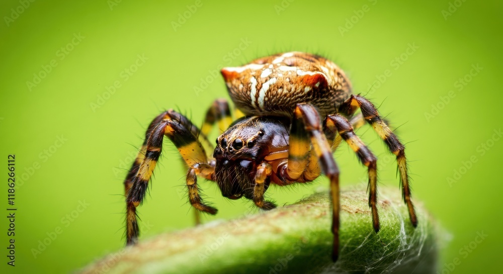 Close-up of a spider perched on a green leaf, showcasing intricate details Close-up of a spider perched on a green leaf, showcasing intricate details