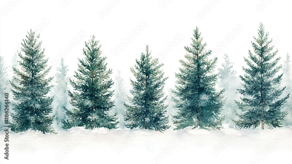 Obraz premium Snowy evergreen trees in a serene winter landscape with soft snowfall