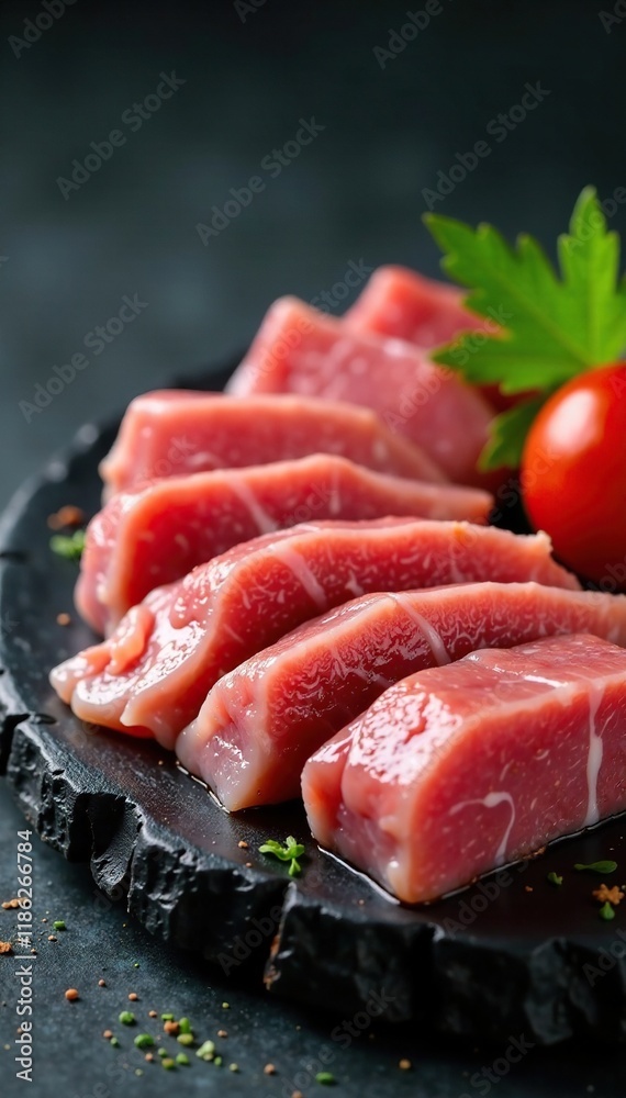 Thinly sliced marinated raw pork steak on a river stone surface, rawmeatlovers, delicious Thinly sliced marinated raw pork steak on a river stone surface, rawmeatlovers, delicious