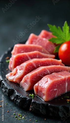 Thinly sliced marinated raw pork steak on a river stone surface, rawmeatlovers, delicious photo