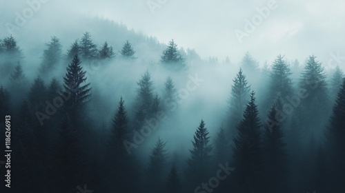 A tranquil forest features tall conifer trees enveloped in dense mist, creating a serene atmosphere at dawn. Soft light filters through the fog, adding to the calm ambiance photo