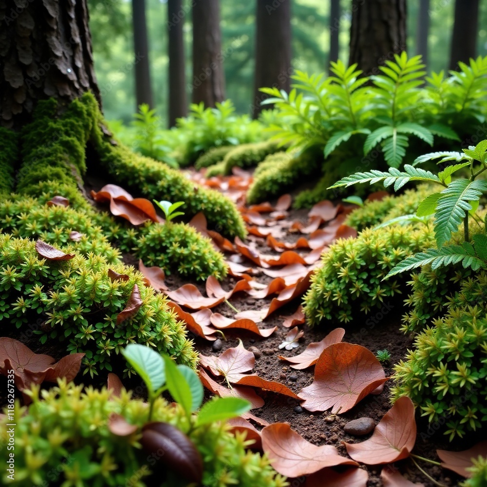 Leaf-covered forest floor with ferns and moss, foliage decay, natural scenery, moss Leaf-covered forest floor with ferns and moss, foliage decay, natural scenery, moss