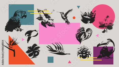 Vibrant Tropical Collage with Exotic Birds, Flowers, and Geometric Shapes in Noisy Grainy Photocopy Effect, Retro Vintage Aesthetic Design