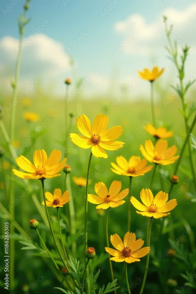 Obraz premium Yellow cosmos flowers in a field of tall grasses and wildflowers, field, yellow, flowers