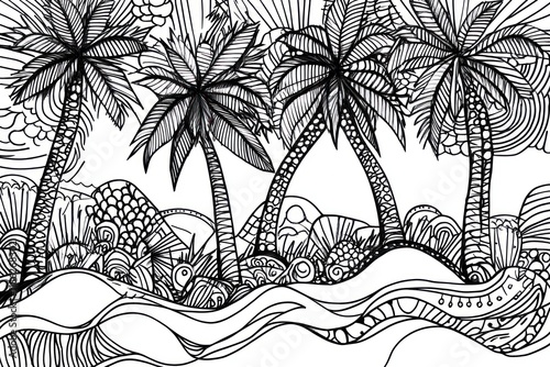 Tropical beach palm trees, ocean waves, zen doodle art, coloring book page