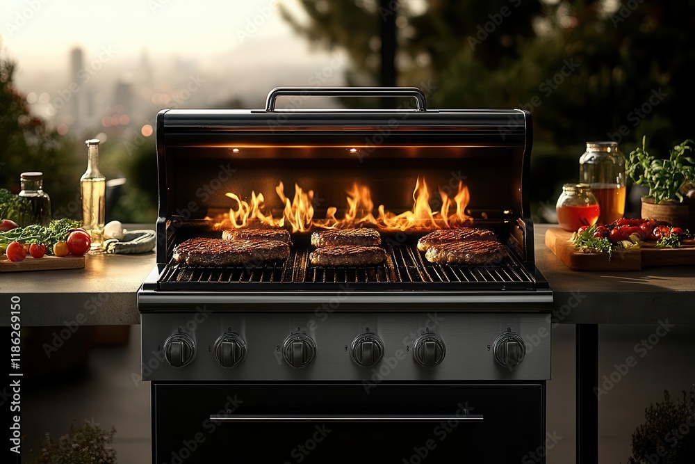 artistically generated flame-grilled bbq scene with sizzling burgers and premium steaks on professional outdoor grill setup artistically generated flame-grilled bbq scene with sizzling burgers and premium steaks on professional outdoor grill setup