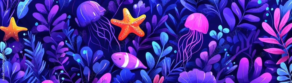 Seamless pattern of underwater creatures like turtles, jellyfish, and starfish in soothing oceanic shades