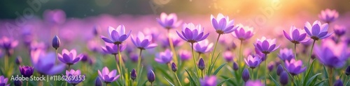 A field of purple flowers swaying gently in the spring breeze, sway, purple photo