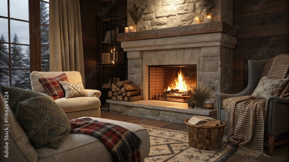 A glowing fireplace surrounded by plush furniture and pillows creating a warm and cozy ambiance, glowing nightfall, , relaxing space A glowing fireplace surrounded by plush furniture and pillows creating a warm and cozy ambiance, glowing nightfall, , relaxing space
