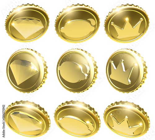 3D illustration of shiny gold casino tokens or coins, each featuring iconic slot machine symbols including diamond, lemon, and crown, all embossed in intricate detail.
