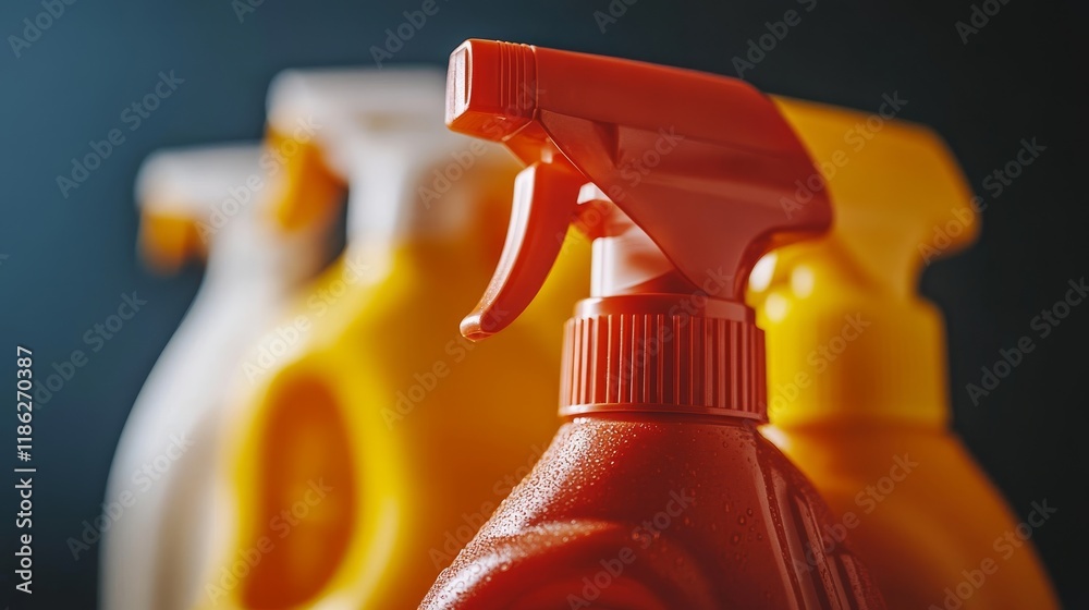 Vibrant Cleaning Supplies Close-up of Cleaning Product Spray Bottles with Copy Space Vibrant Cleaning Supplies Close-up of Cleaning Product Spray Bottles with Copy Space