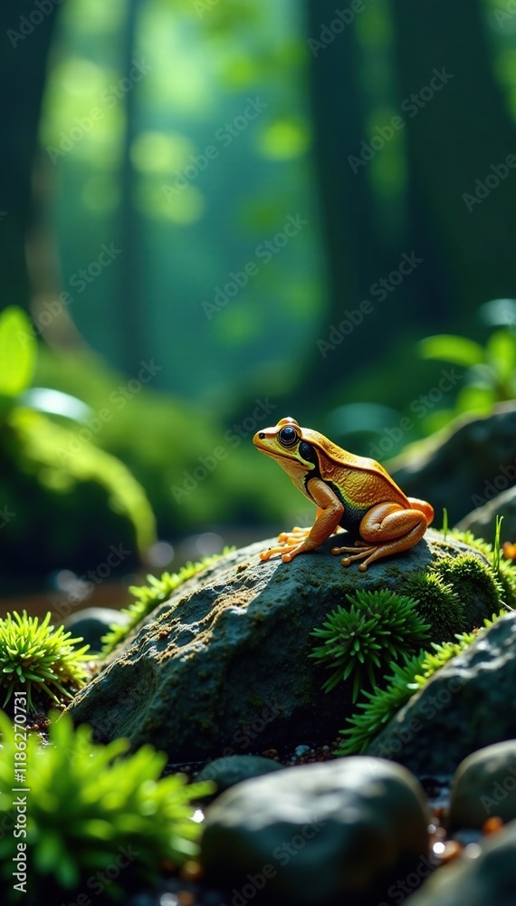 A royal blue forest floor with ferns and moss, a small golden frog sits on a rock, rock, amphibian A royal blue forest floor with ferns and moss, a small golden frog sits on a rock, rock, amphibian