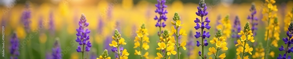 A field of tall purple and yellow flowers swaying gently, flowers, A field of tall purple and yellow flowers swaying gently, flowers,