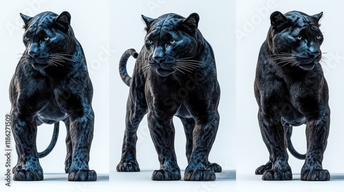 Three digital renders of a powerful black panther in different poses against a white background. photo