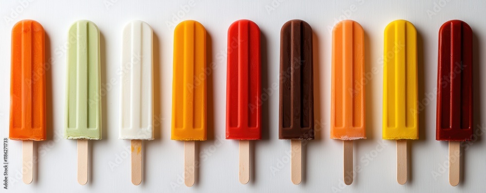 Obraz premium Vibrant popsicles in a spectrum of colors arranged neatly on a white background playful and bright aesthetic perfect for dessert advertising