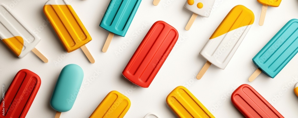 Vibrant popsicles in a spectrum of colors arranged neatly on a white background playful and bright aesthetic perfect for dessert advertising Vibrant popsicles in a spectrum of colors arranged neatly on a white background playful and bright aesthetic perfect for dessert advertising