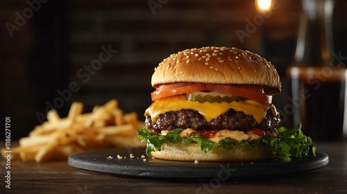 Mouthwatering Cheeseburger with Crispy Fries - A Culinary Delight photo