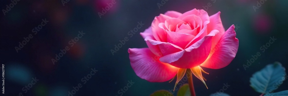 Pink rose with glowing, ethereal light emanating from its base, colorful, nature, light source Pink rose with glowing, ethereal light emanating from its base, colorful, nature, light source