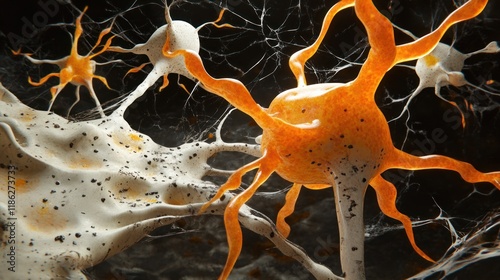 Close-up view of vibrant orange and white nerve cells interacting, highlighted against a dark backdrop.  Complex neural network structure.  Abstract medical illustration.  3D rendering.  Neuron activi photo