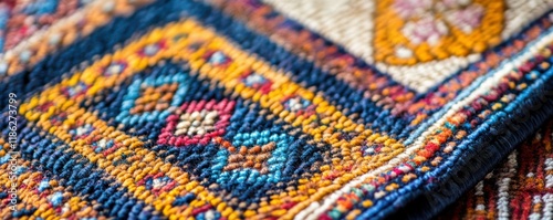 colorful woven carpet textile, traditional craftsmanship, intricate patterns, vibrant colors, natural setting, handcrafted art, artistic texture, textile decor, warm hues, heritage