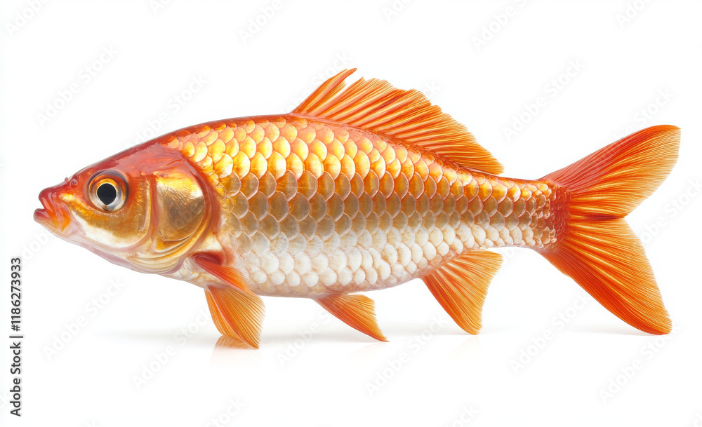 A goldfish swims in clear water, displaying its vibrant orange and white scales. The fish glides effortlessly, exhibiting its fins and streamlined body in a serene underwater setting