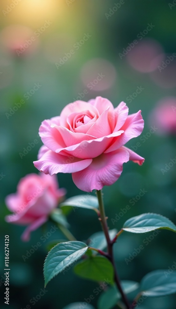 Delicate pink rose blooms in a serene blue morning dew, garden, peaceful scene Delicate pink rose blooms in a serene blue morning dew, garden, peaceful scene