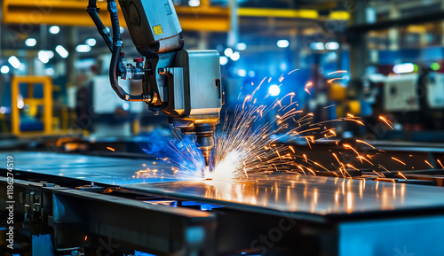 Advanced CNC laser welding machine processing steel with bright sparks in a modern factory
